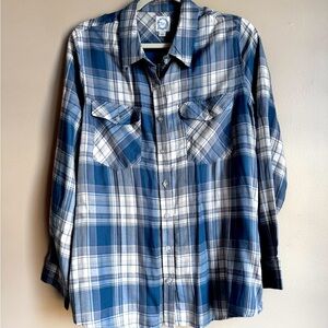 Blue Rain Francesca’s Large Blue Plaid Button Down Cotton Western Boho